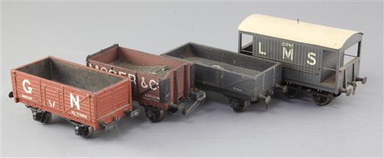 A set of four open wagons, 12 ton, no.149778, in grey, a Moger & Co, no. 785, in brown, a Great Northern, no.